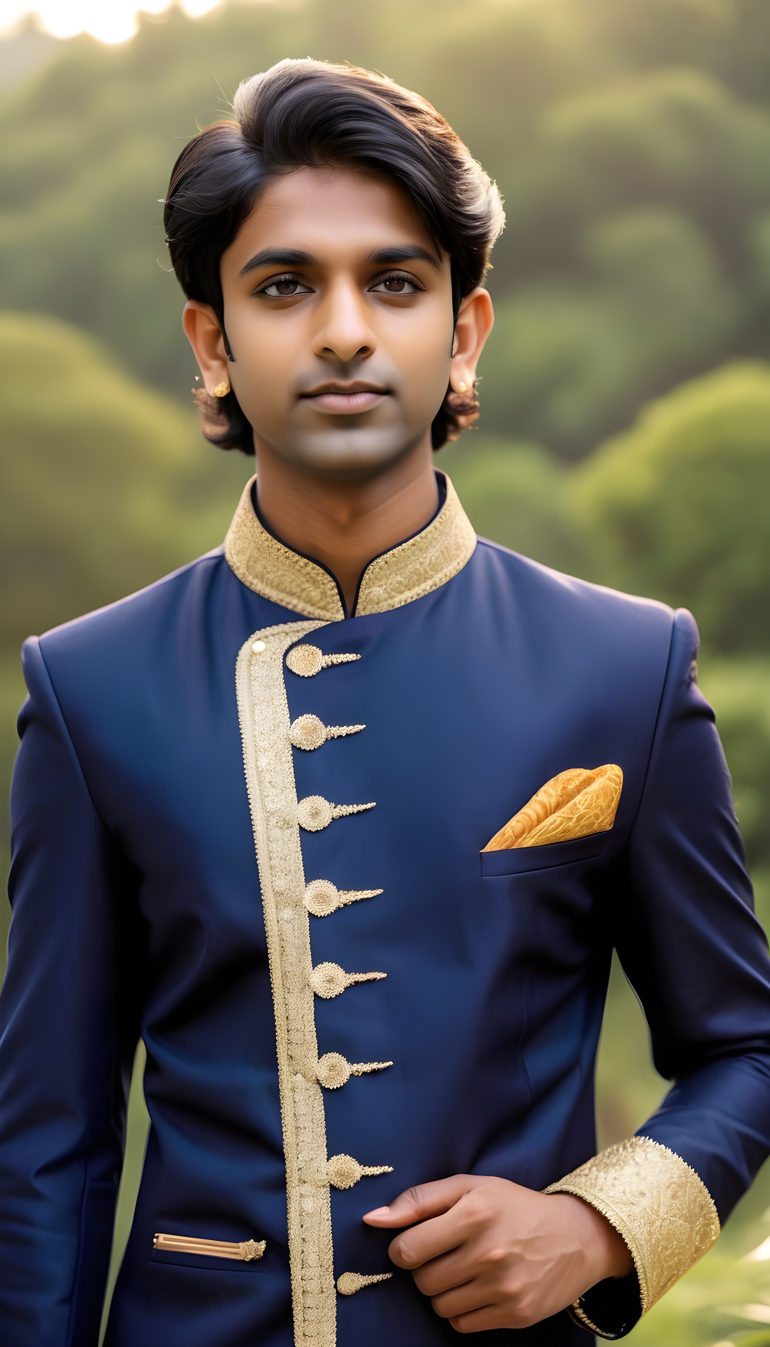 A young aged Indian man wearing a navy blue sherwani with gold buttons standing against a nature background