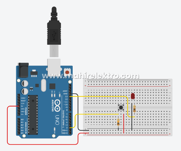 Menghidupkan dan mematikan LED menggunakan satu tombol pada Arduino Menghidupkan dan Mematikan LED Menggunakan Satu Tombol Pada Arduino