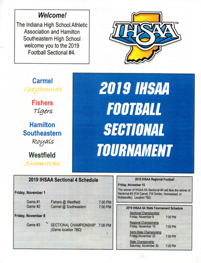 2019 IHSAA Class 6A Football Sectional Tournament program for Hamilton Southeastern Royals vs. Carmel Greyhounds