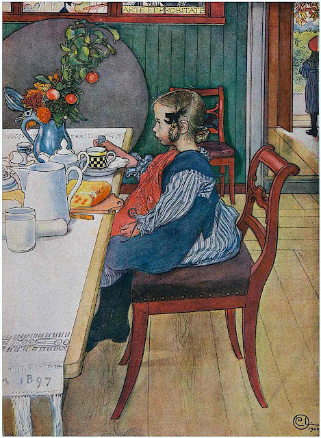 Carl Larsson 1900 art, a little girl at a dining table