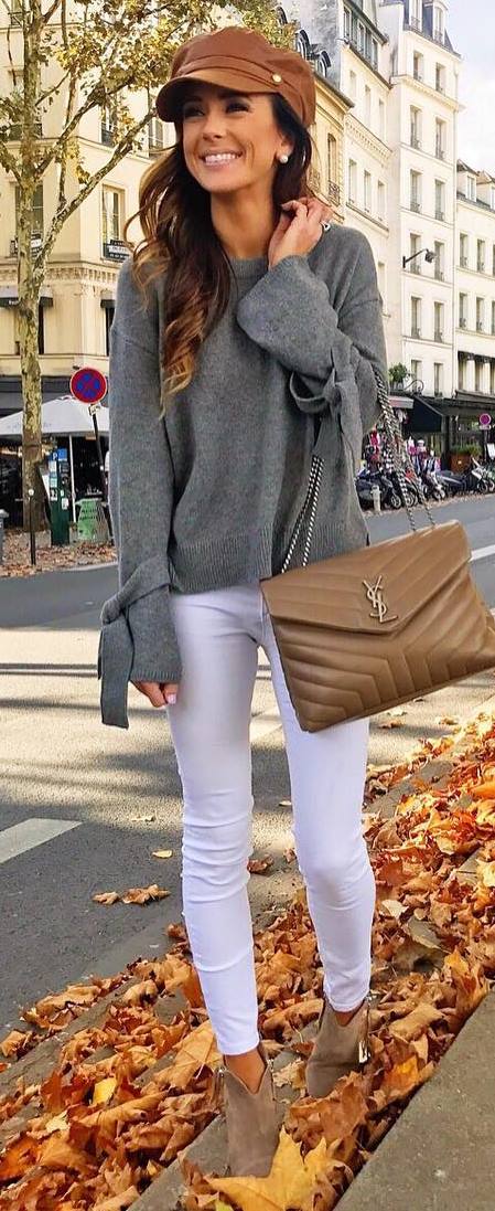 incredible outfit idea / hat + grey sweater + bag + white skinnies + boots