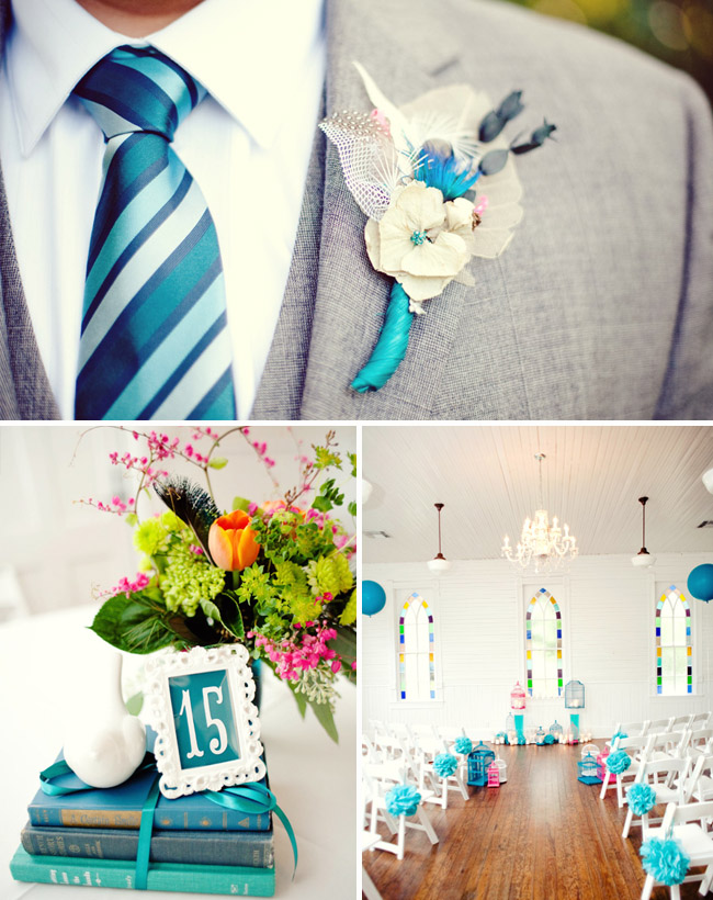 indoor wedding ceremony with blue tissue flowers