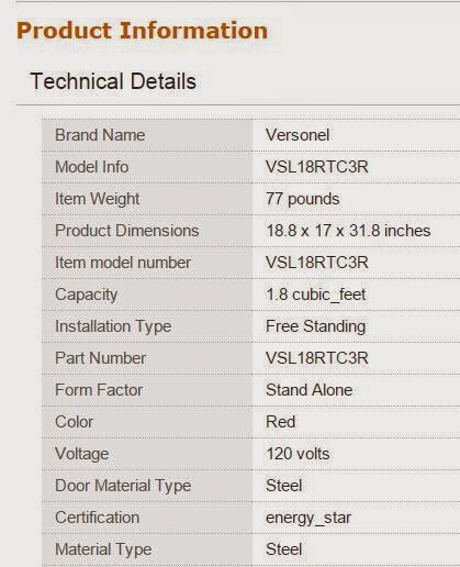 specs for versonel toolbox refrigerator