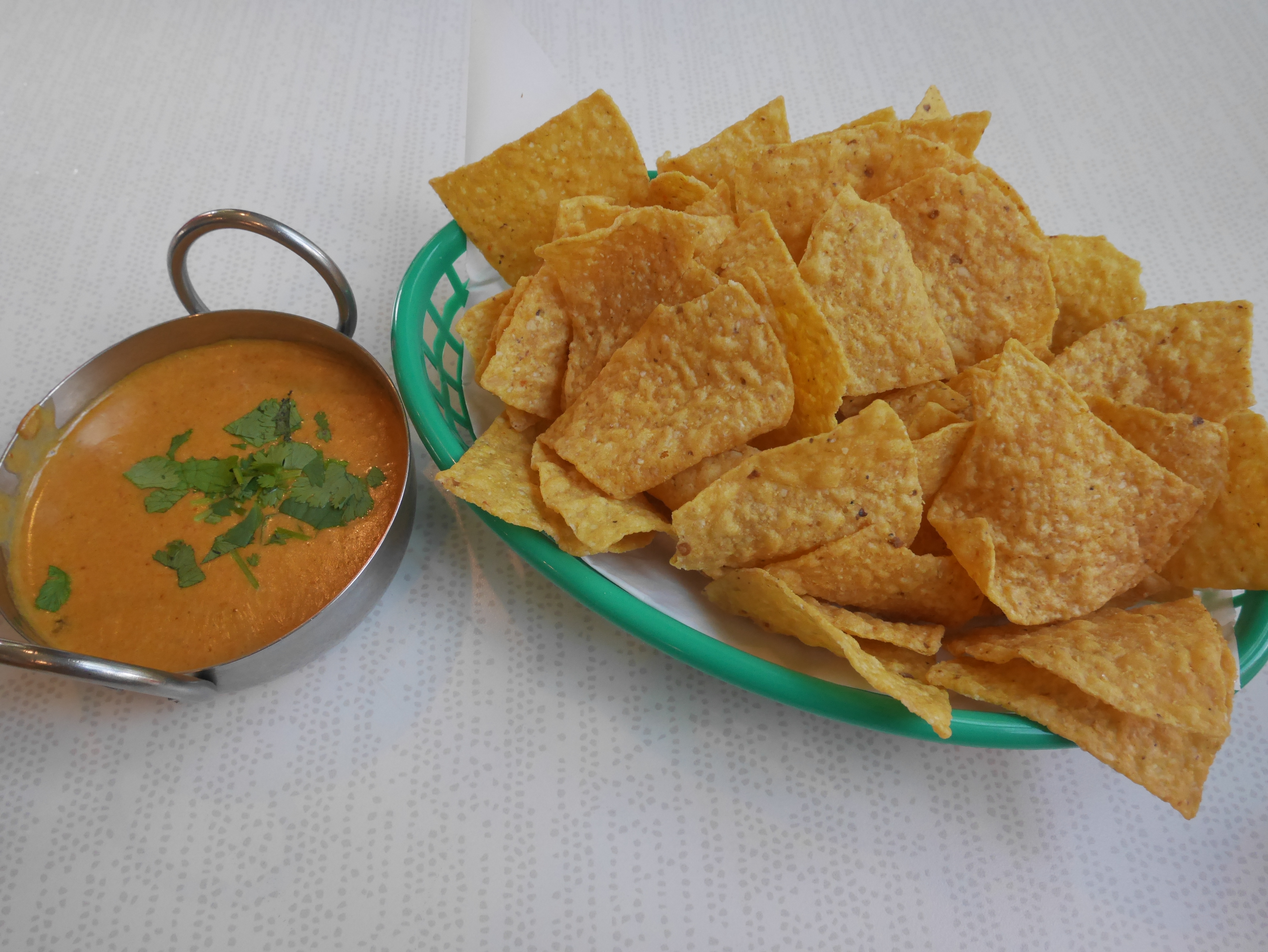 curry queso and tortilla chips at North Street Curry Shop, San Marcos, Texas