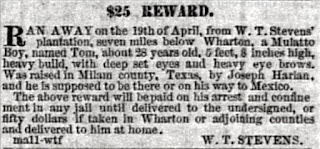 $25 Reward for Tom, Galveston Weekly News from May 11, 1858