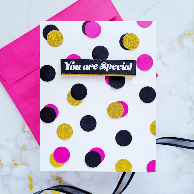 Punch craft cards, cirle punch crafts, circle punch card, pink black and gold card, quillish, card with circles, Ishani