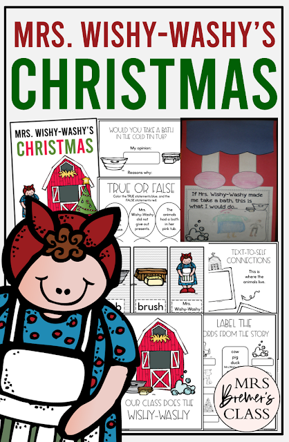 Mrs Wishy-Washy's Christmas book activities unit with literacy printables, reading companion activities, lesson ideas, and a craft for Kindergarten and First Grade