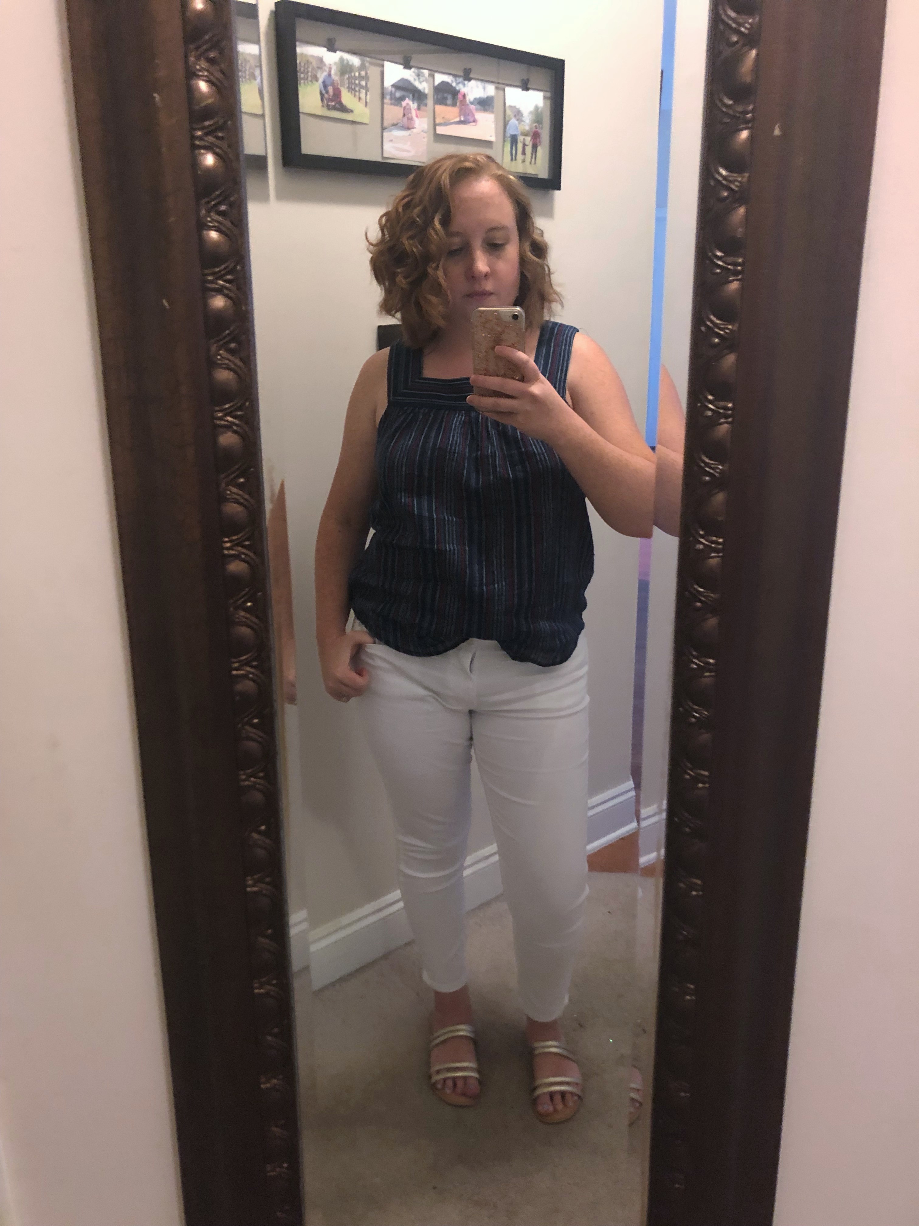 blue striped tank with white jeans