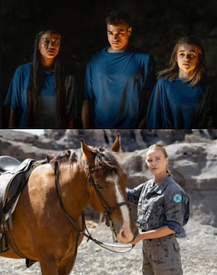 Dos imágenes de la segunda temporada de Bienvenidos a Edén. En la primera tres personas observan algo con semblante serio y en la segunda una chica sujeta un caballo