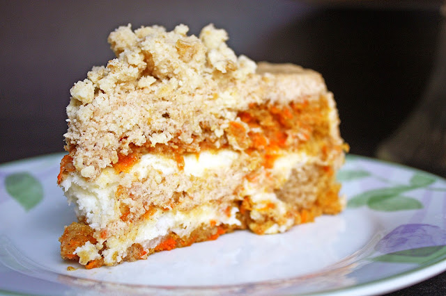 Momofuku-inspired vegan carrot layer cake with liquid cheesecake filling and graham frosting