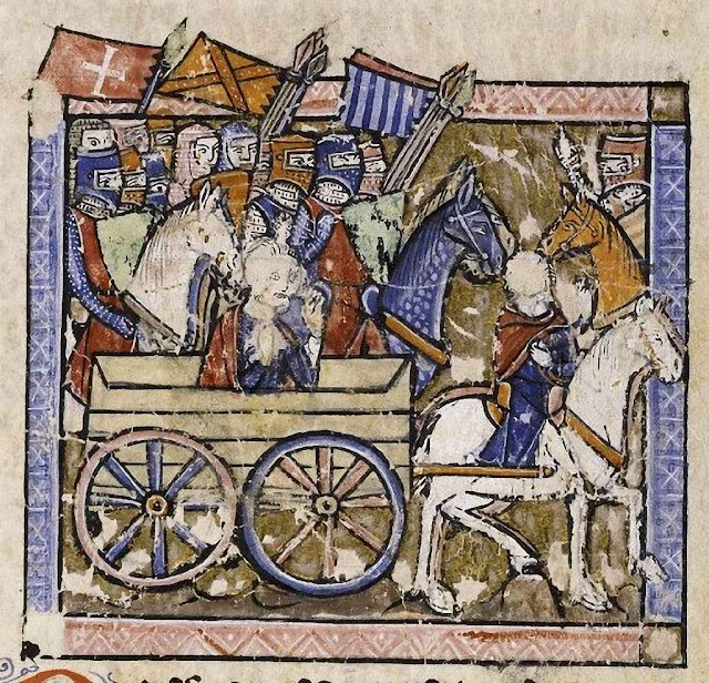 Josselin gravemente ferido conduz suas tropas em socorro de Faizum. Iluminura do século XIII.
