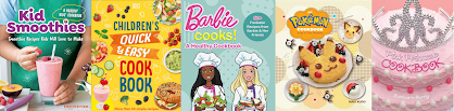 Images of cookbooks titled Kid Smoothies, Children's Quick and Easy Cookbook, Barbie Cooks, Pokemon Cookbook, and Pink Princess Cookbook