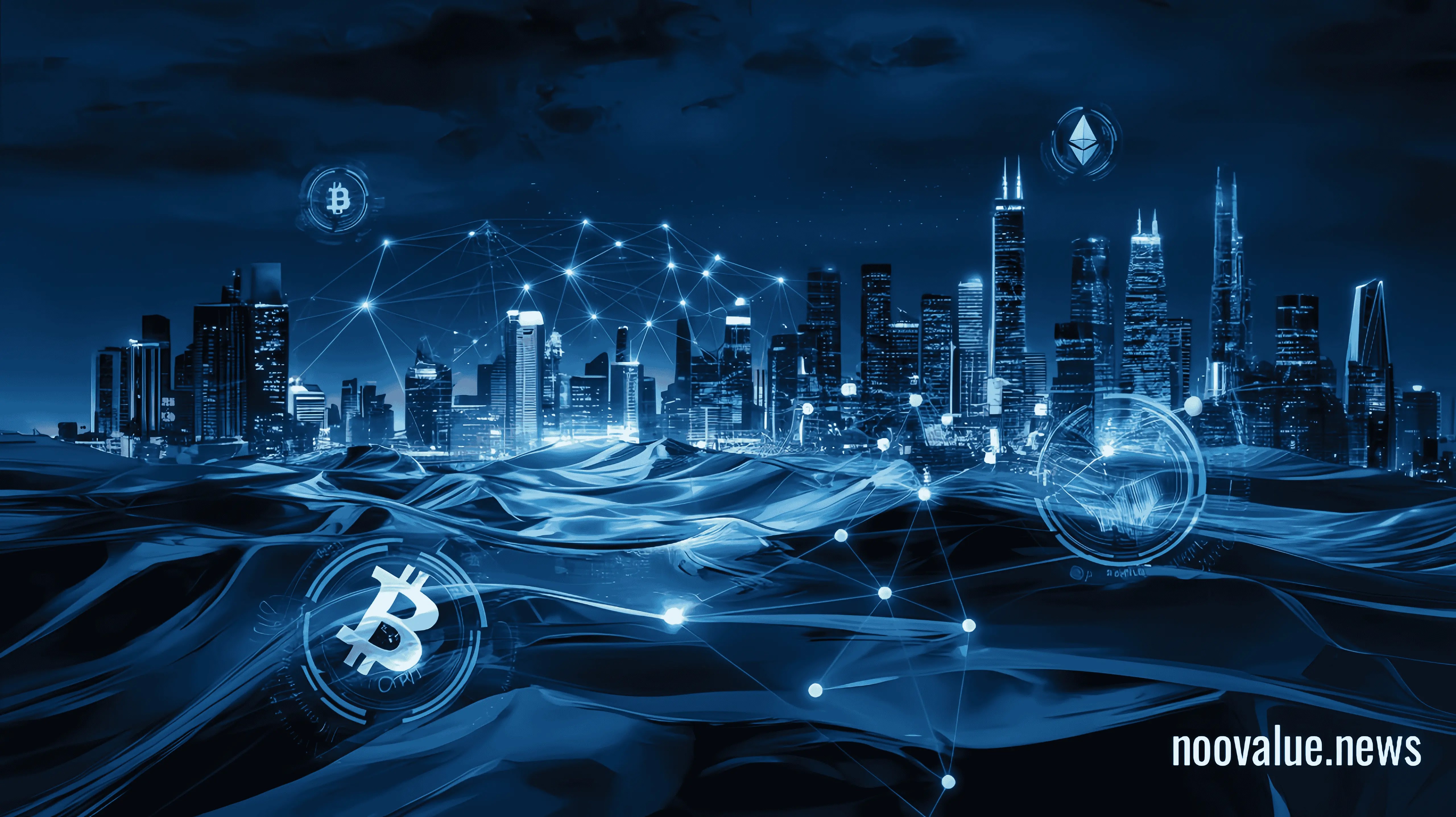 Graph showing cryptocurrency price volatility and a warning sign about potential risks