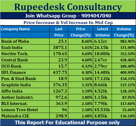 Price Increase & Vol Increase In Mid Cap