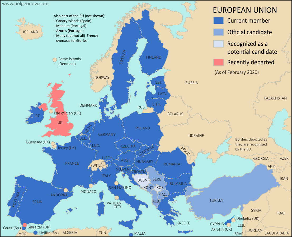 Map Which Countries Are In The European Union In 2020 Which Aren T And Which Want To Join Political Geography Now