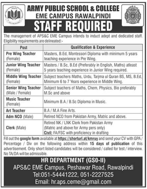 Latest Army Public School Teaching Posts Rawalpindi 2022