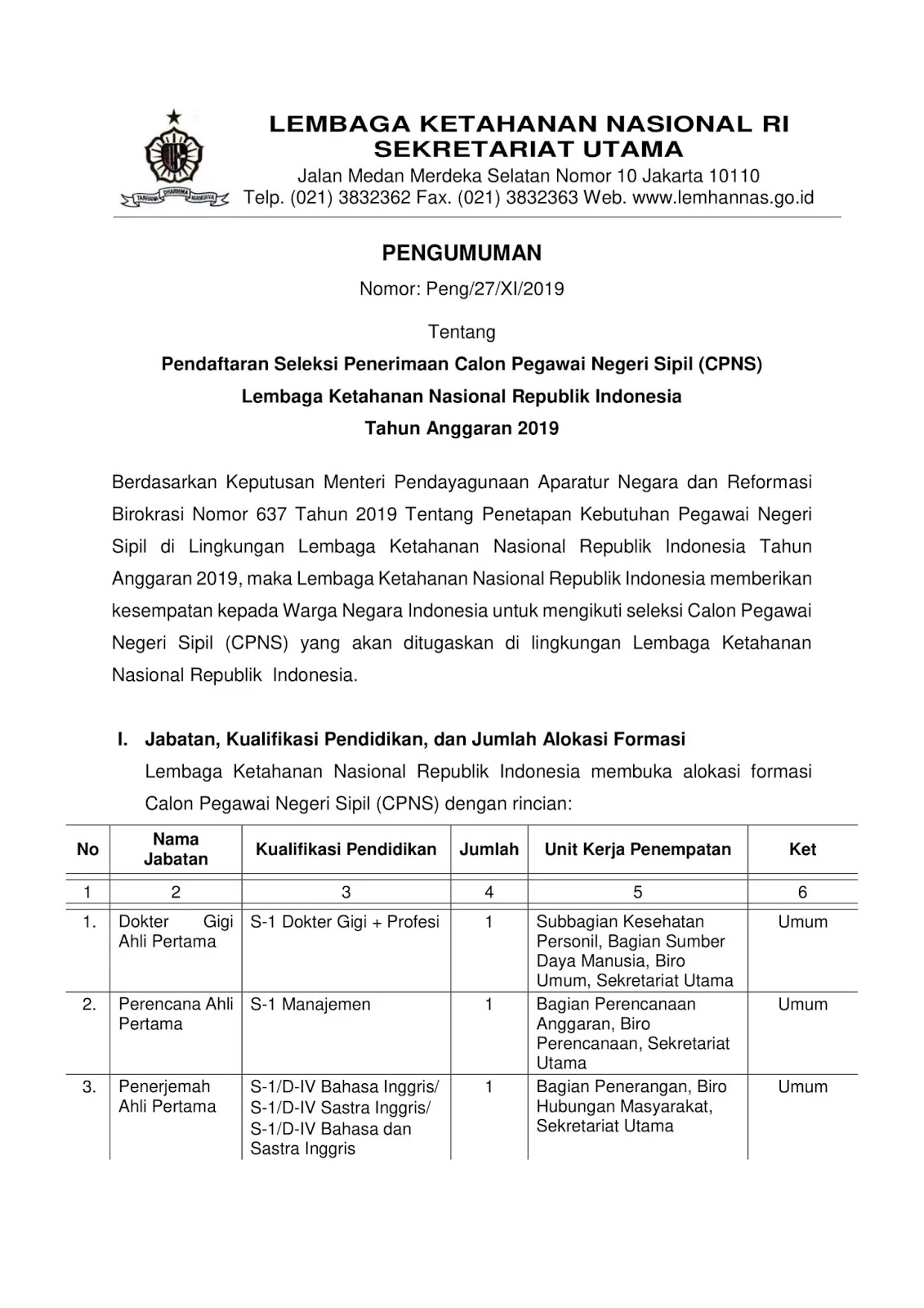 Lowongan CPNS Lembaga Ketahanan Nasional Republik Indonesia Tahun Anggaran 2019 [42 Formasi]