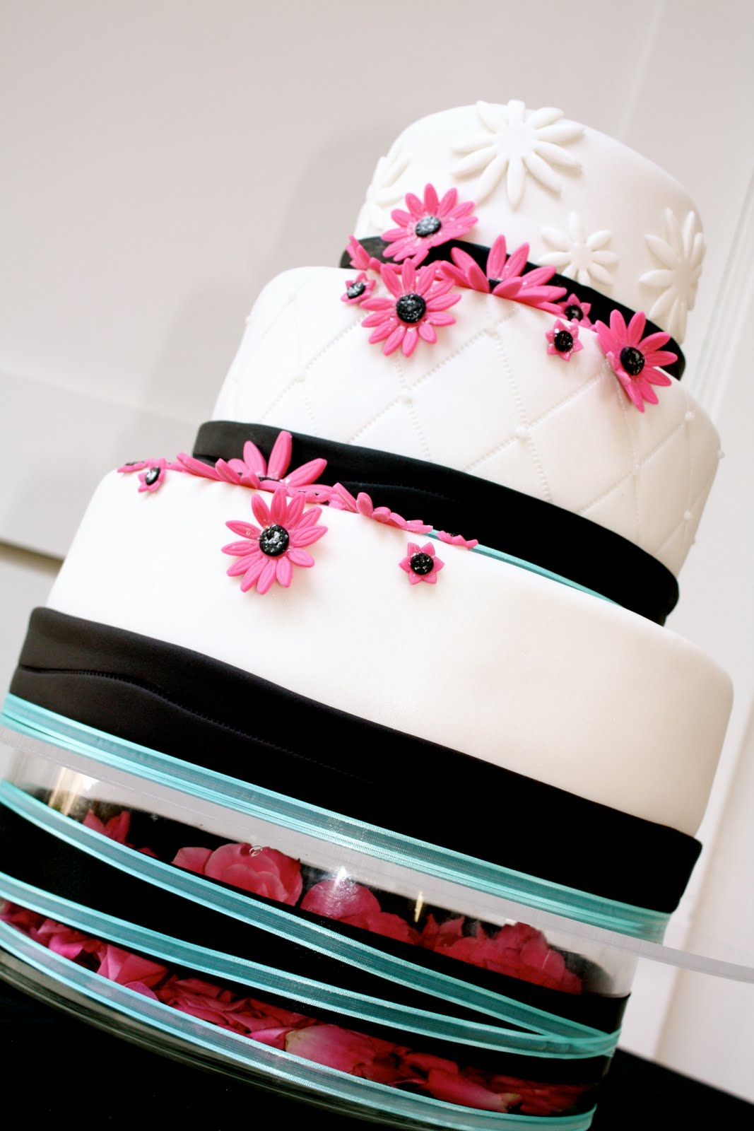 buttercream wedding cake designs aqua, black, and pink wedding cake!