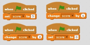 four scripts that start on the green flag and all change the variable score to something different