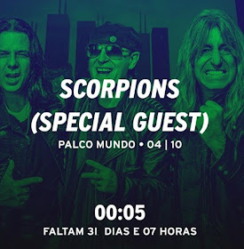 Montagem com Scorpions (Pawel Maciwoda, Klaus Meine e Mikkey Dee) em tom esverdeado, com a informação: Scorpions (Special Guest) Palco Mundo, 4 de setembro, às 00:05h. 