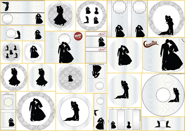 Wedding Couple Silhouette in Silver: Free Printable Candy Bar Labels. 