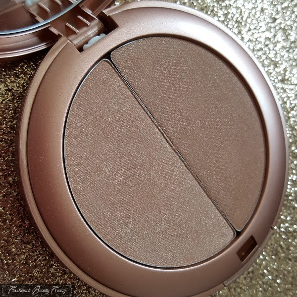 close up of bronzing duo compact pan split in two shades