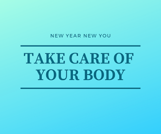 Blue box with text: New Year New You. Take care of your body.