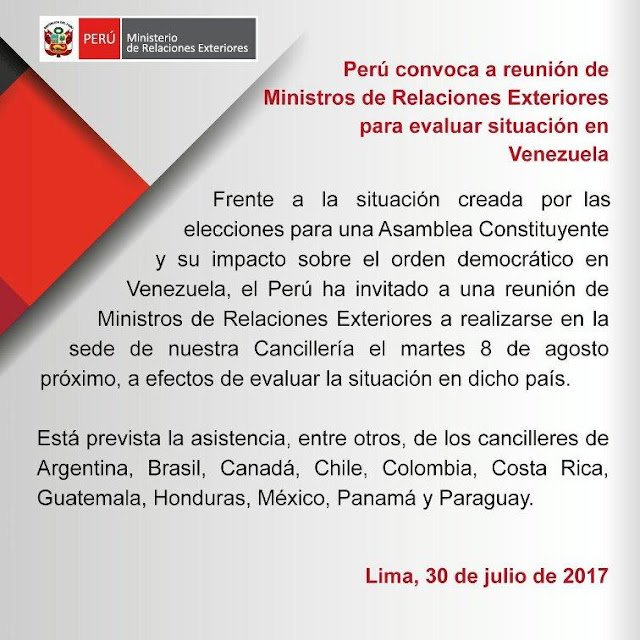 Perú convocó a reunión de cancilleres para evaluar situación de Venezuela