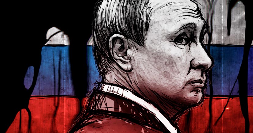 Illustrazione di Putin sulla bandiera Russa in rovina