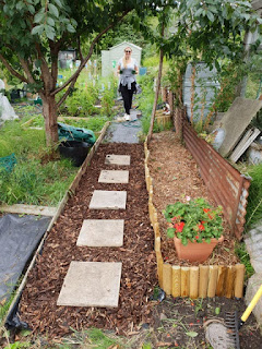 woodchipping and pacing stone allotment path