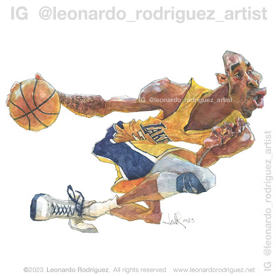 Watercolor caricature of a  afro american Basquet ball player