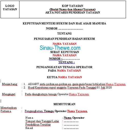 Download Contoh Sk Operator Yayasan Seluruh Jenjang Pendidikan Tahun 2020 2021 Sinau Thewe 