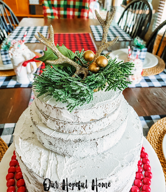 farmhouse Christmas table Christmas cake decorated with antlers