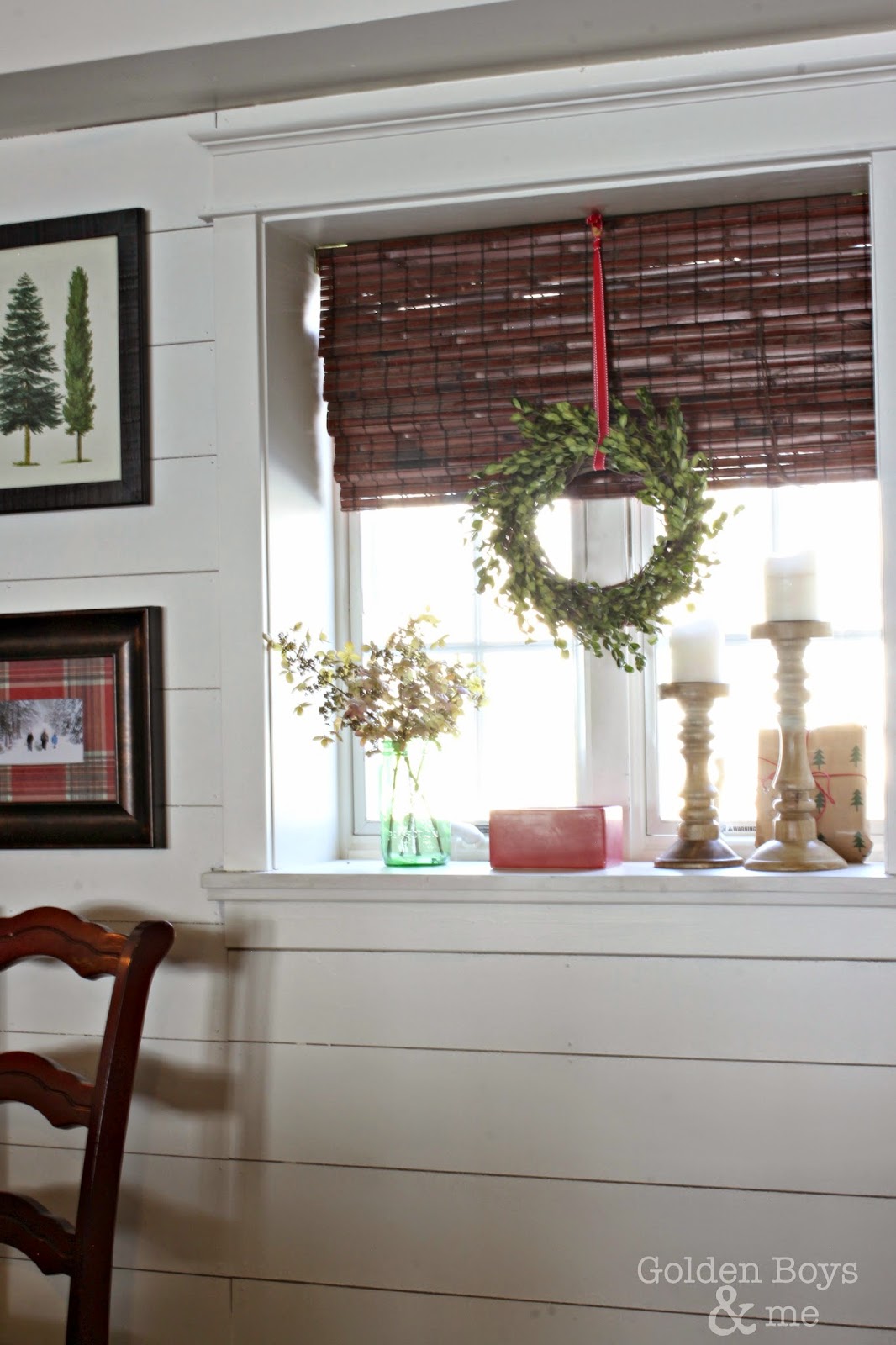 DIY boxwood wreaths on white planked wall-www.goldenboysandme.com
