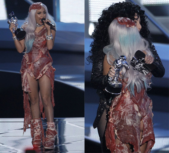 And, surprise — her VMA meat dress was made with REAL MEAT!