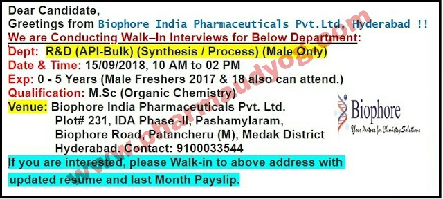 Biophore India | Walk-In for R&D | 16th September 2018 | Hyderabad