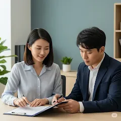 공인중개사와 고객이 계약서를 점검하는 모습