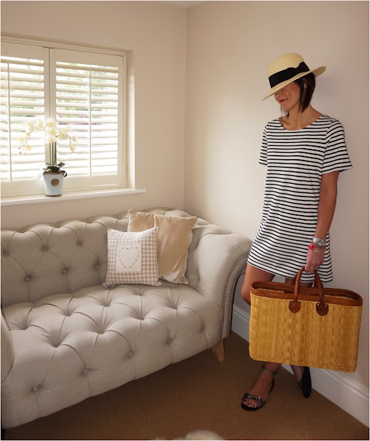 My Midlife Fashion, The Dressing Room St Albans, American Vintage Breton dress, h and m straw panama, steve madden sandals, wicker shopping basket