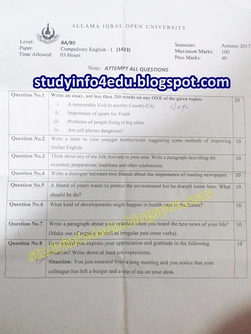 1423 aiou old papers/past papers Compulsory English-I Autumn 2017