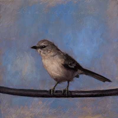 A portrait of a Northern Mockingbird on a Wire, oil painting, ©Shannon Reynolds