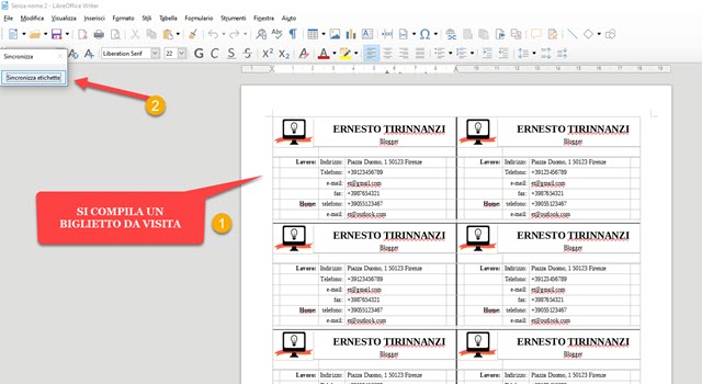 biglietti da visita con writer di libreoffice