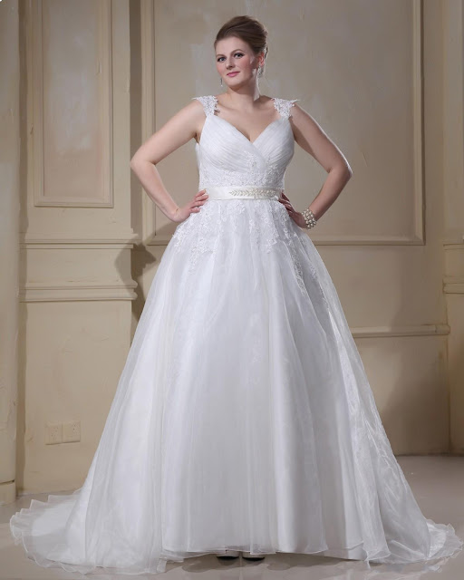V-neck Straps Applique Ruched White Plus Size Wedding Dresses