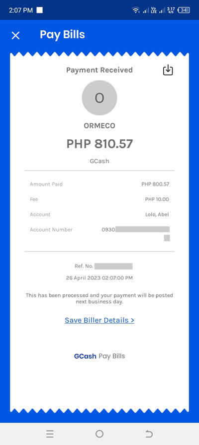 successfully paid ormeco bill via gcash