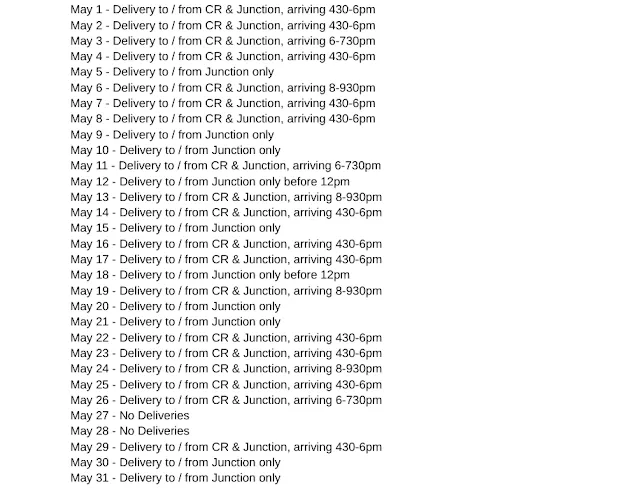 May 2023 Delivery Schedule