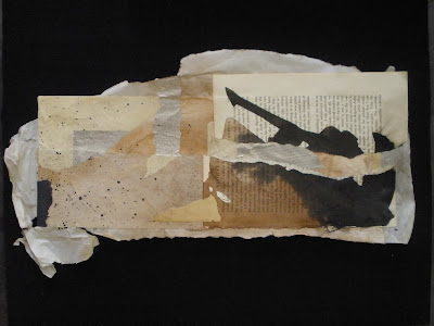 mixed media collage in black, white, and sepia using ink painting, vintage book pages, and other ephemera made as a workshop exercise by artist Bronwyn Simons