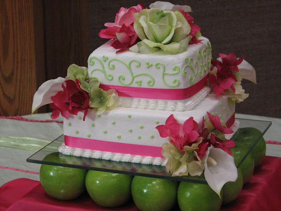 Wedding Cake on Green Apples Red velvet cake filled with vanilla bavarian