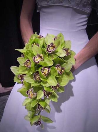 Green orchids bouquet with purple centers