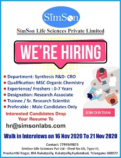 SimSon Life Sciences Private Limited Hyderabad, Telangana Job Vacancy Walk in Interview For M.Sc Candidates