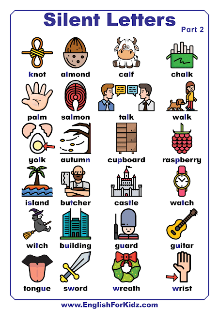 Silent letters list of words - printable English worksheets