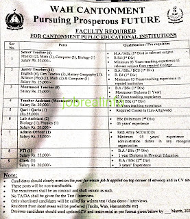WAH CANTONMENT   Pursuing Prosperous FUTURE  FACULTY REQUIRED  FOR CANTONMENT PUPLIC EDUCATIONAL INSTITUTIONS
